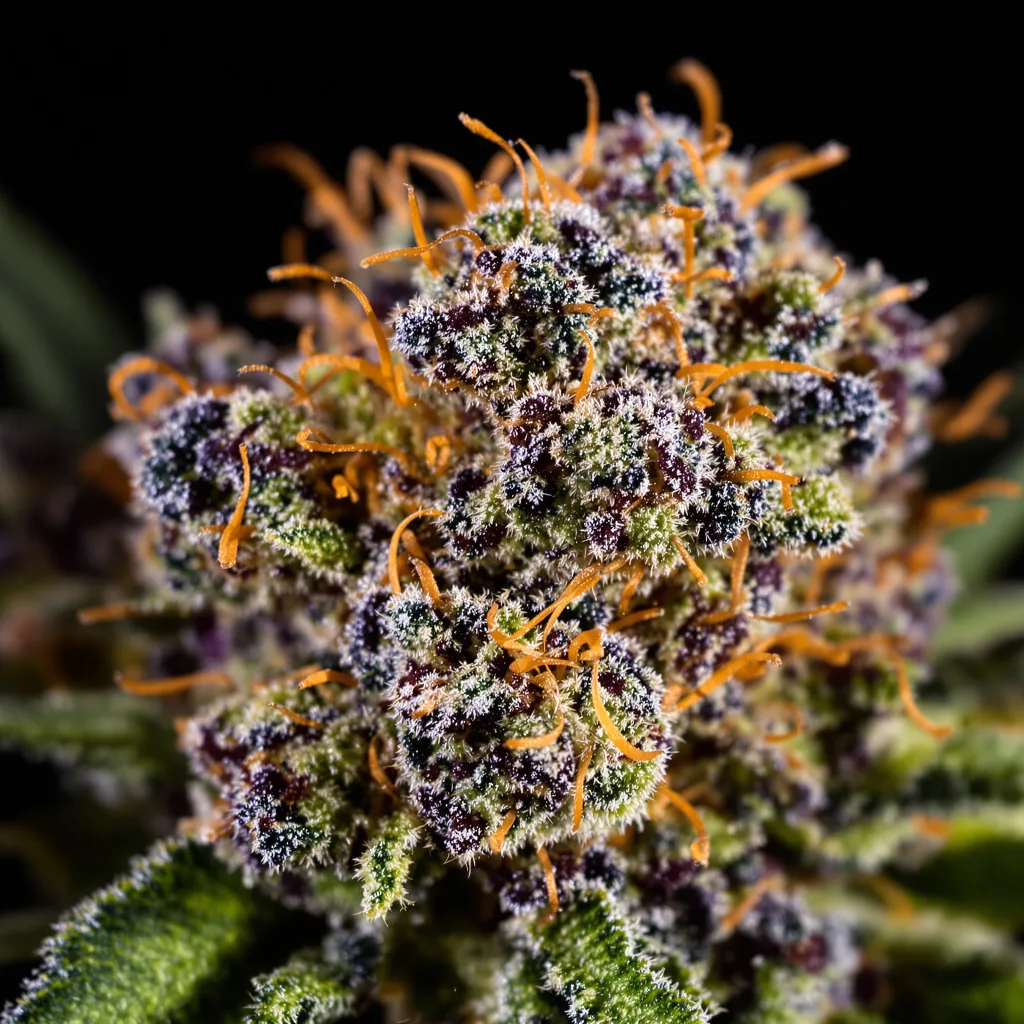 Primer plano de cogollo de cannabis XXX OG mostrando cálices densos con tonos morados