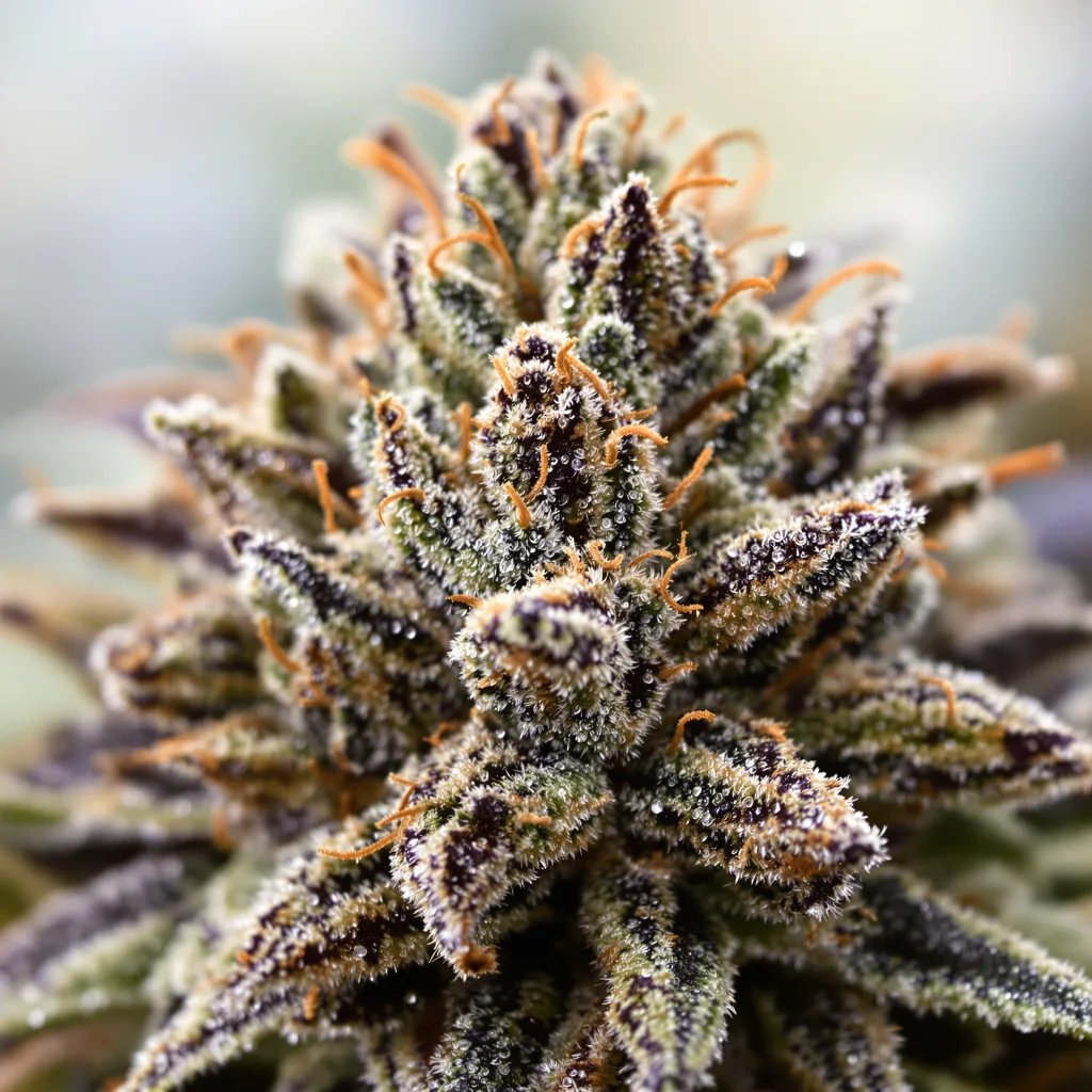 Primer plano de cogollo de cannabis Yeti OG mostrando cálices densos con tonos morados