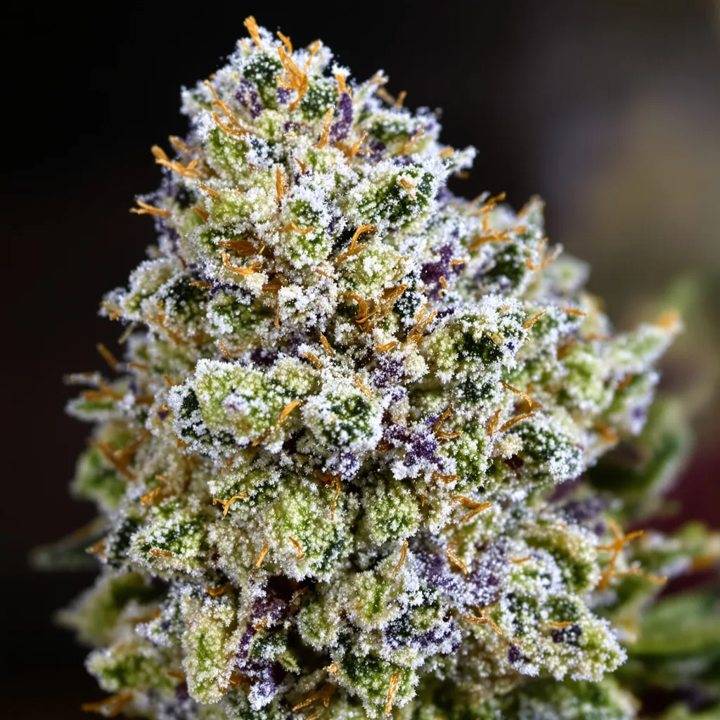 Primer plano de cogollo de cannabis Yoda OG mostrando estructura abierta con pistilos naranjas
