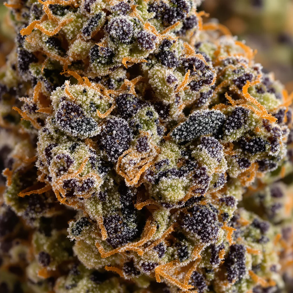 Primer plano de cogollo de cannabis Yoda’s Brain mostrando cálices densos con tonos morados