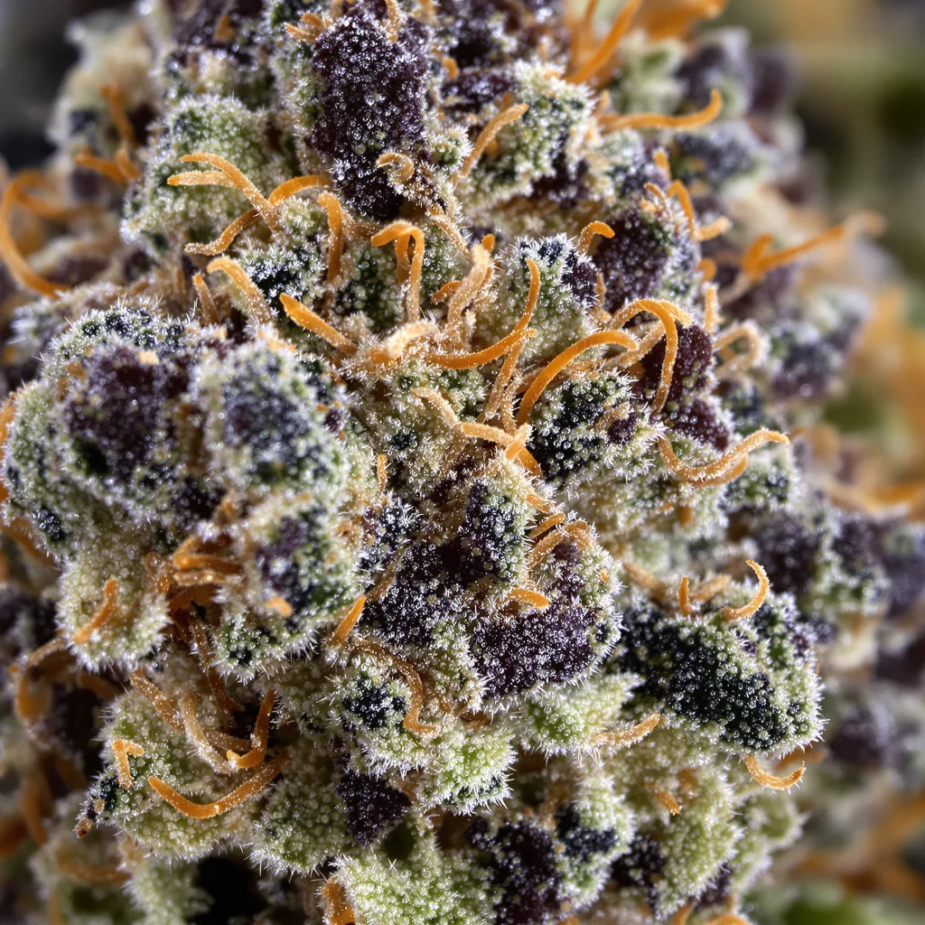 Primer plano de cogollo de cannabis Yumboldt mostrando cálices densos con tonos morados