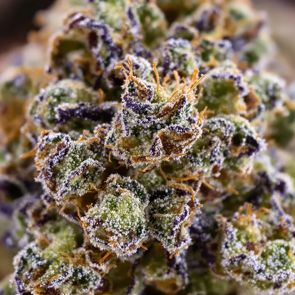 Primer plano de cogollo de cannabis Yumboldt mostrando cálices densos con tonos morados