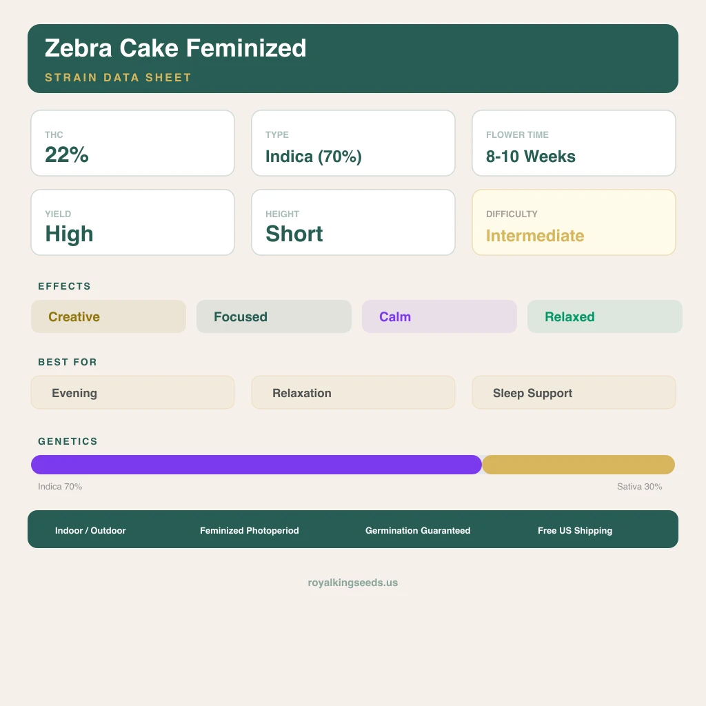 Zebra Cake 70% indica / 30% sativa — flor con tricomas visibles