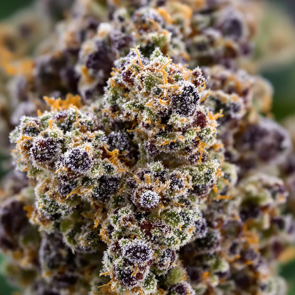 Primer plano de cogollo de cannabis Zebra Cake mostrando cálices densos con tonos morados