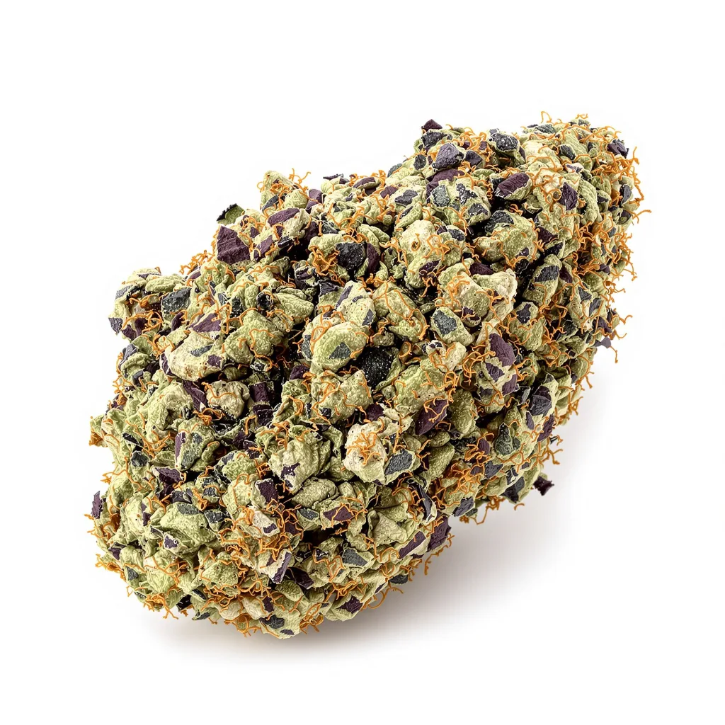 Zebra Cake 70% indica / 30% sativa — flor con tricomas visibles