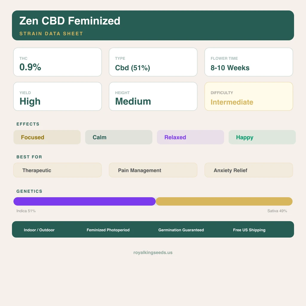 Zen CBD 51% indica / 49% sativa — flor con tricomas visibles
