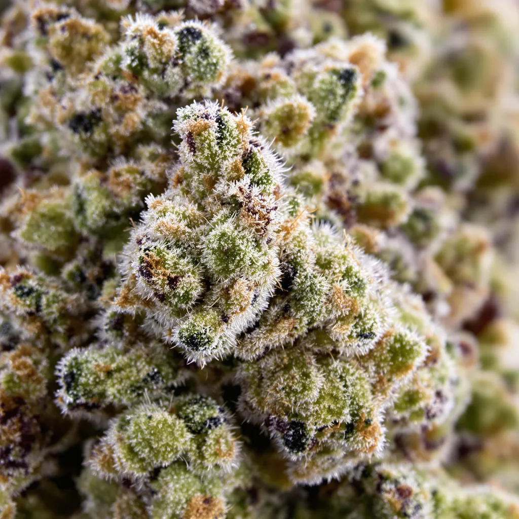 Primer plano de cogollo de cannabis Zkittlez mostrando estructura equilibrada con tricomas escarchados